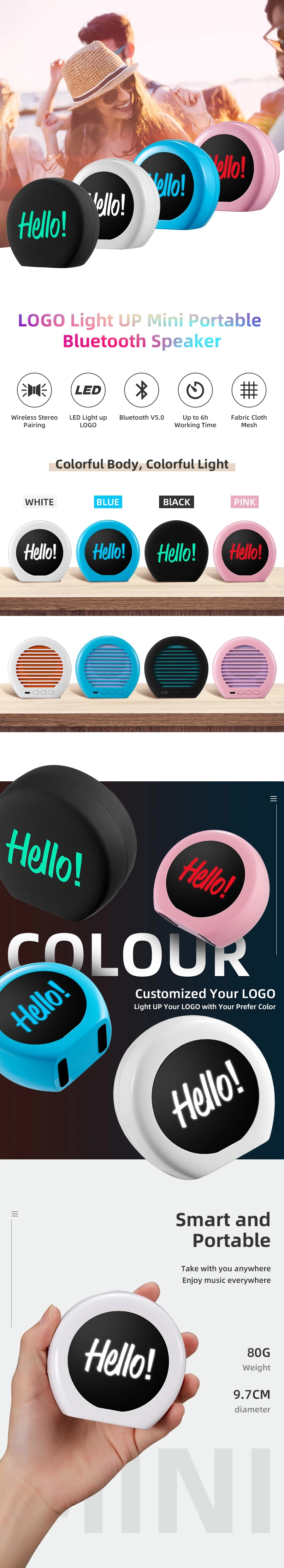 Portable Wireless Audio Bluetooth Speaker with Light up Logo