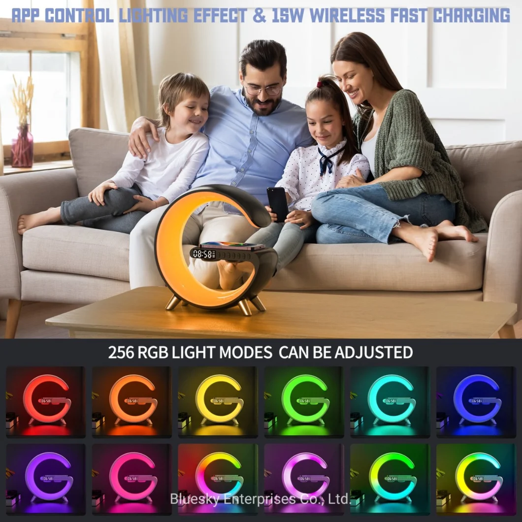 2023 Smart Home Gadgets APP Control RGB Light Wireless Charger with Alarm Clock Bluetooth Speaker Wake up Lightr Bedside