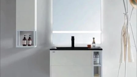 Ortonbath Moderne Wandmontage-Lamellenwaschbecken aus Keramik, Badezimmer, Doppelschicht-Waschtischunterschrank aus Holz, Kunststein-Badezimmermöbel mit LED-Spiegelschrank